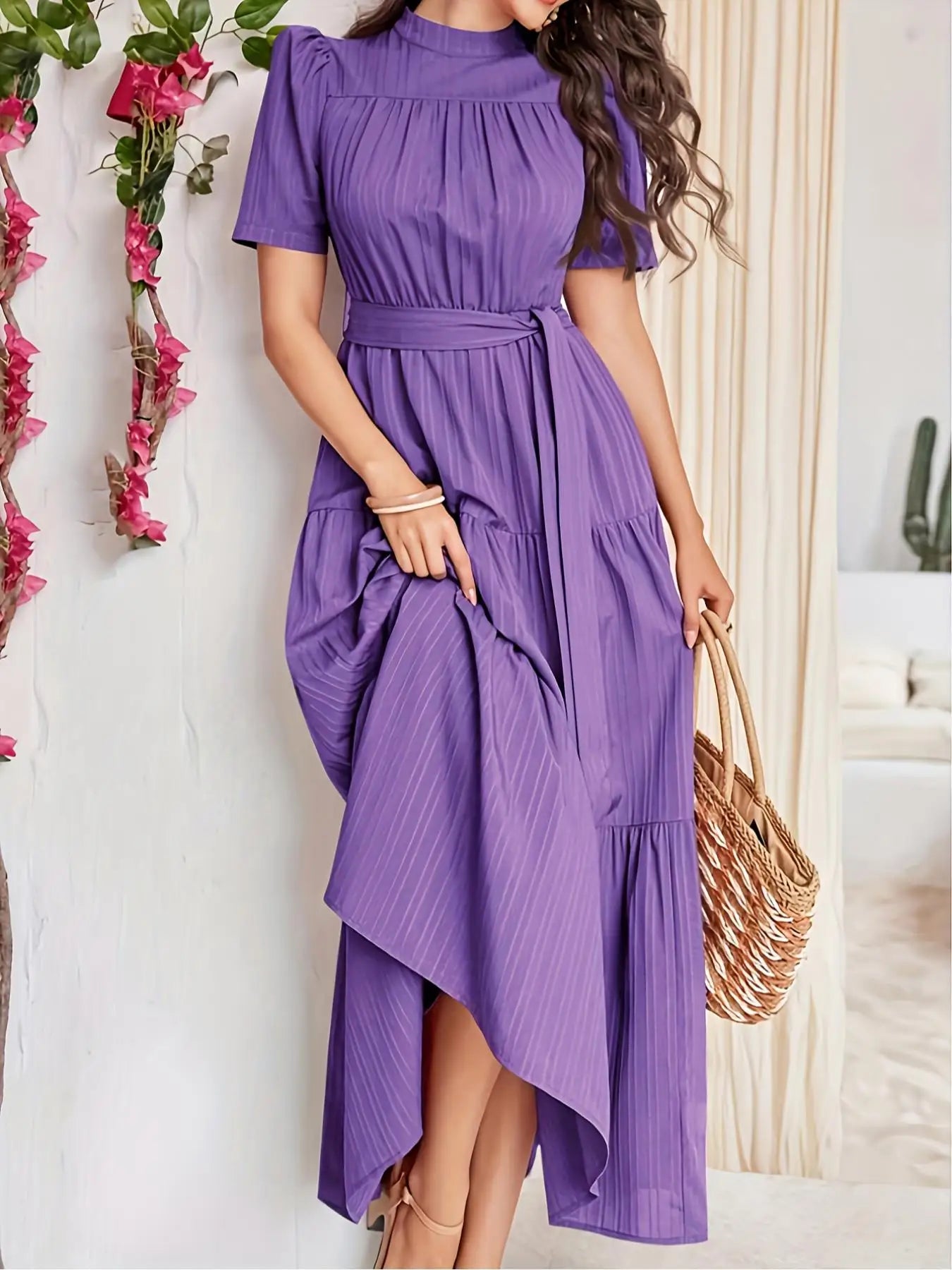 High Neck Dress, Bohemian Sweet Style, Self-Tie Waistband and Puff Sleeves, Perfect for Vacation, Dates, and Daily Wear