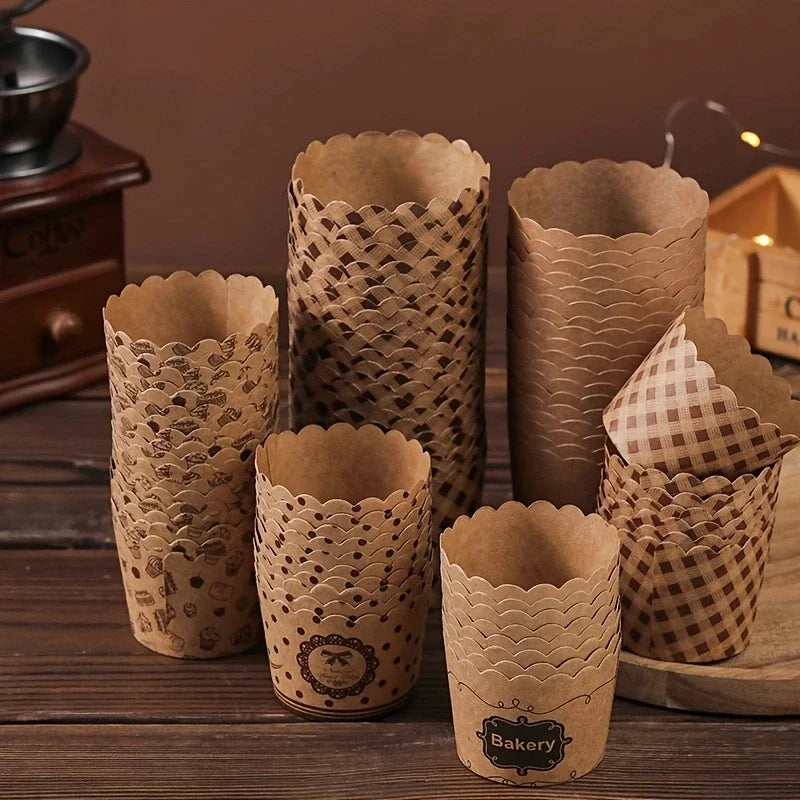 50 unidades, moldes de papel kraft resistentes al calor para magdalenas para hornear y servir - Pequeños accesorios de cocina para tartas, pasteles y más