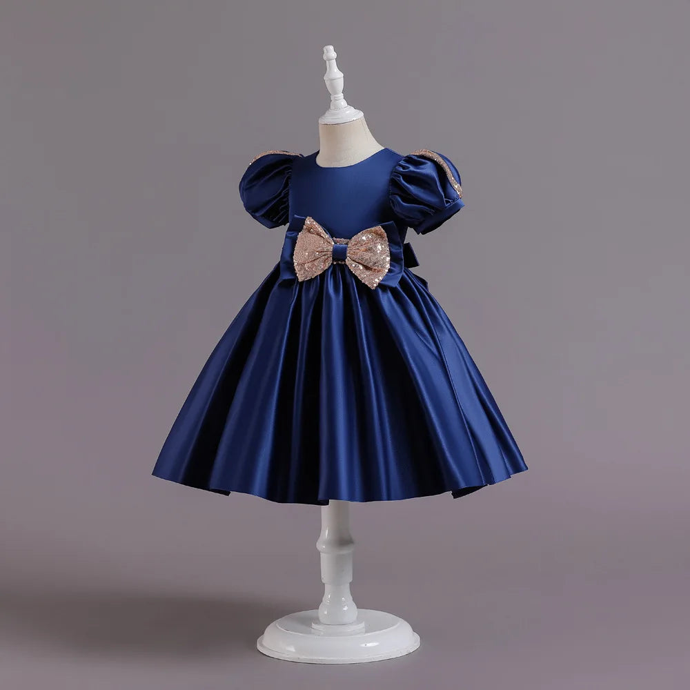 Golden Bow Satin Girls Dress For Weddings Party Children's Pageant Ball Gown Kids Formal Evening Clothing 2-8 10 Years