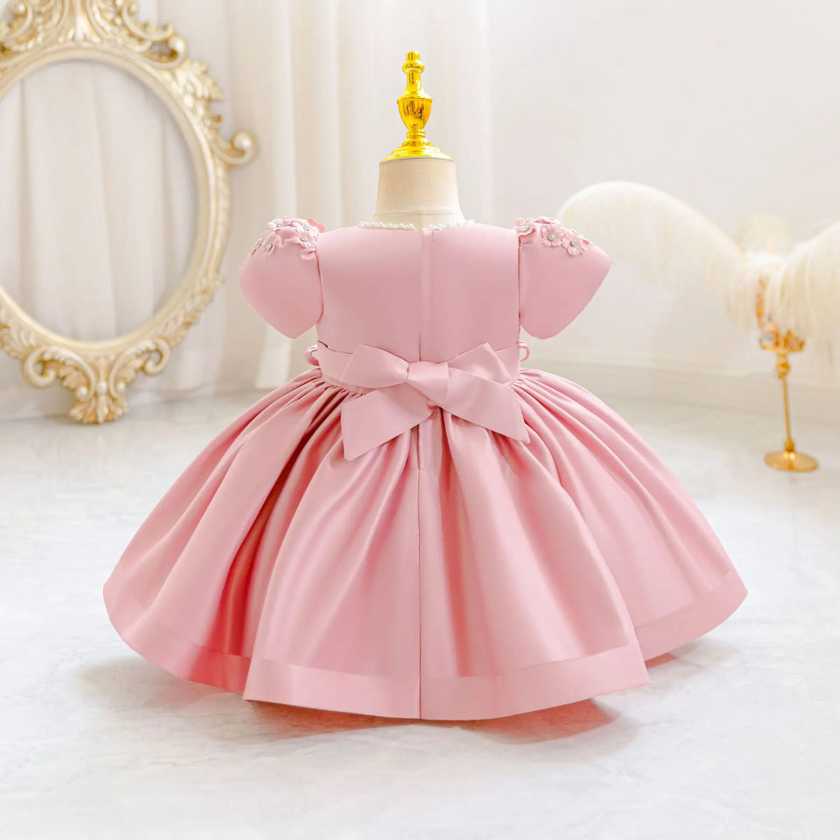HETISO Baby Girls Dress Ribbon Bow Newborn Princess Party Ball Gown Satin Pearls Kids 1 Years Birthday Wedding Costume