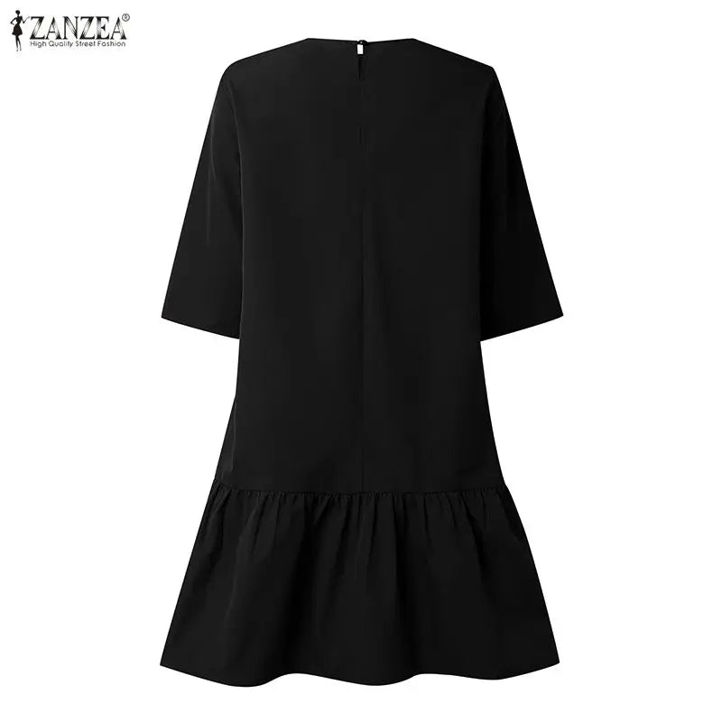 ZANZEA Women's Casual Ruffled Hem Dress O-Neck Half Sleeve A-Line Dress 2026 Summer Daily Solid Color Loose Robes Femme