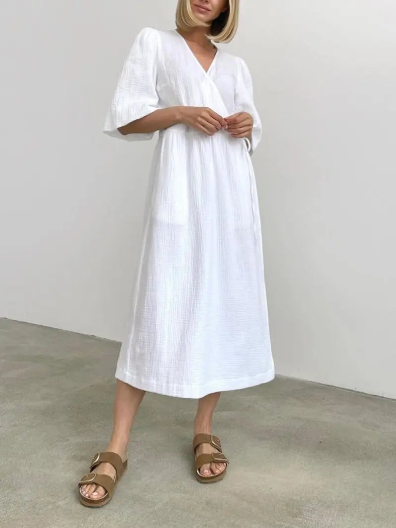Long Dress Women Dresses Vestidos Lace Up V Neck Puff Sleeve Solid High Waist Female A Line Office Lady Summer 2025 Maxi Gown