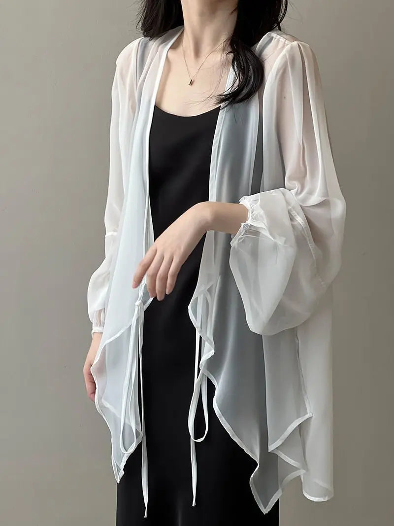 Shirts Women V-neck Loose Long Sleeve Open Stitch Korean Style Lace-up Simple Solid Summer Chiffon Breathable Minimalist Stylish