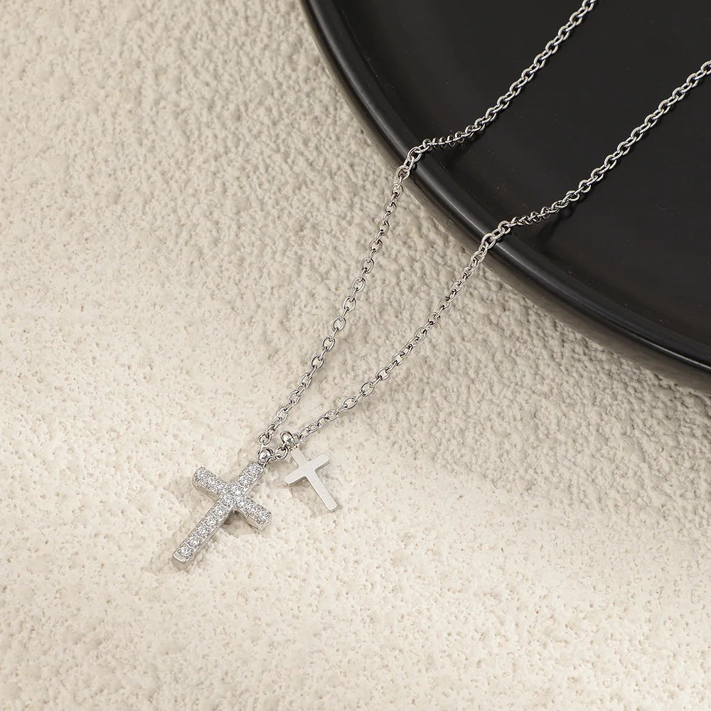 Stainless Steel Pave Cz Double Cross Pendant Chain Necklace For Women'S Girl