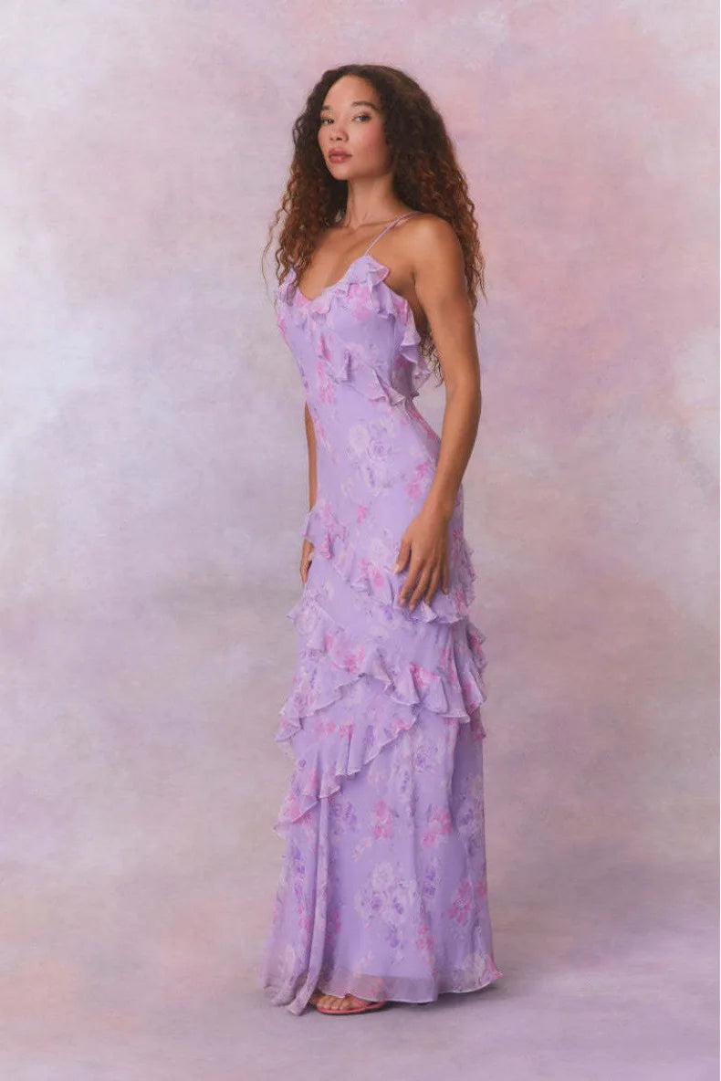 Lotus Leaf Edge French Floral Backless Dress Slim Fit Chiffon Solid Color Holiday Party Birthday Party Long Dress