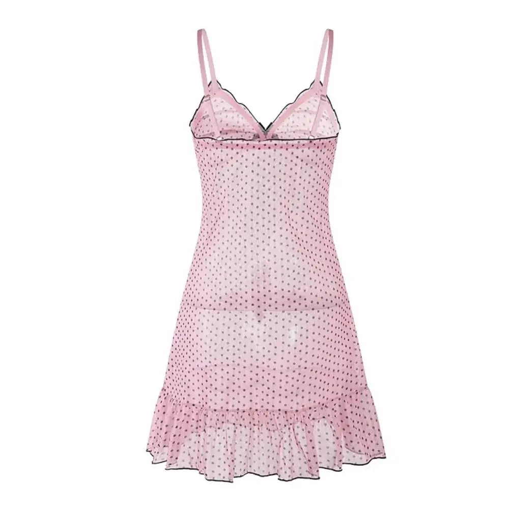 Home Wear Polka Dot Sweet Nightdress Transparent Mesh Sheer Nightwear Skirt Ruffle Hem V Neck Sleeveless Nightgown Women