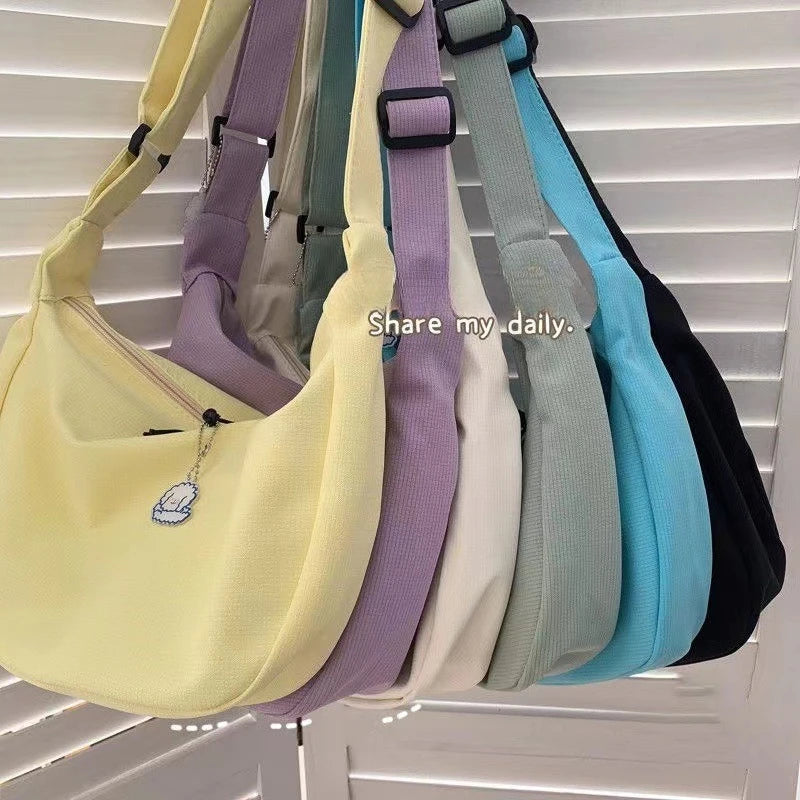 Canvas Crossbody Bag, Large Capacity Casual Shoulder Purse with Cute Bag Charm, Adjustable Strap for Teen School Sling Bag