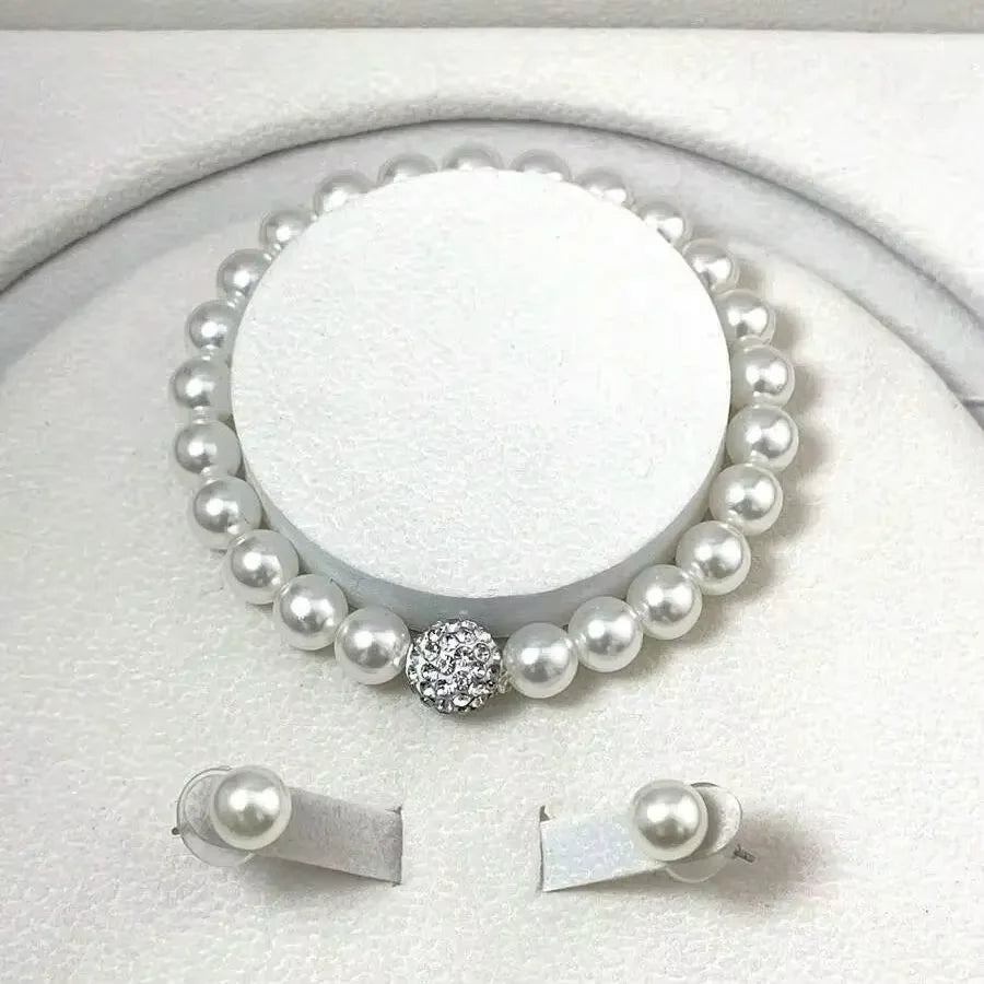 3 Pcs Set Imitation Pearl Fireball Necklace Bracelet Earring Stud Jewelry Set Silver Color Crystal Stone Elegant Bridal Jewelry