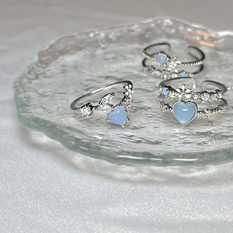 Fashion Blue Opal Heart Rings for Women Kpop Punk Gothic Open Flower Rhinestone Finger Rings Wedding Party Trendy  Jewelry