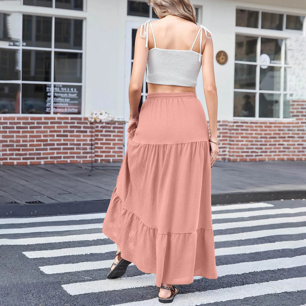 Women's Boho Summer Elegant High Waist Side Slit A Line Skirt with Drawstring Elastic Waist Solid Color Casual Maxi Dress