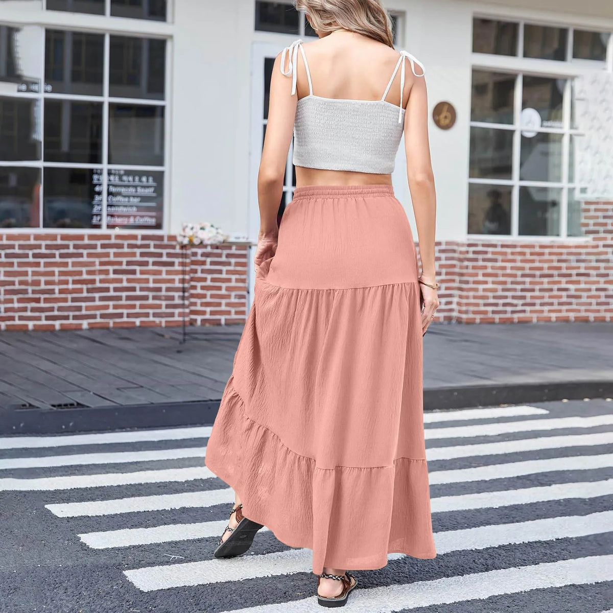 Women's Boho Summer Elegant High Waist Side Slit A Line Skirt with Drawstring Elastic Waist Solid Color Casual Maxi Dress