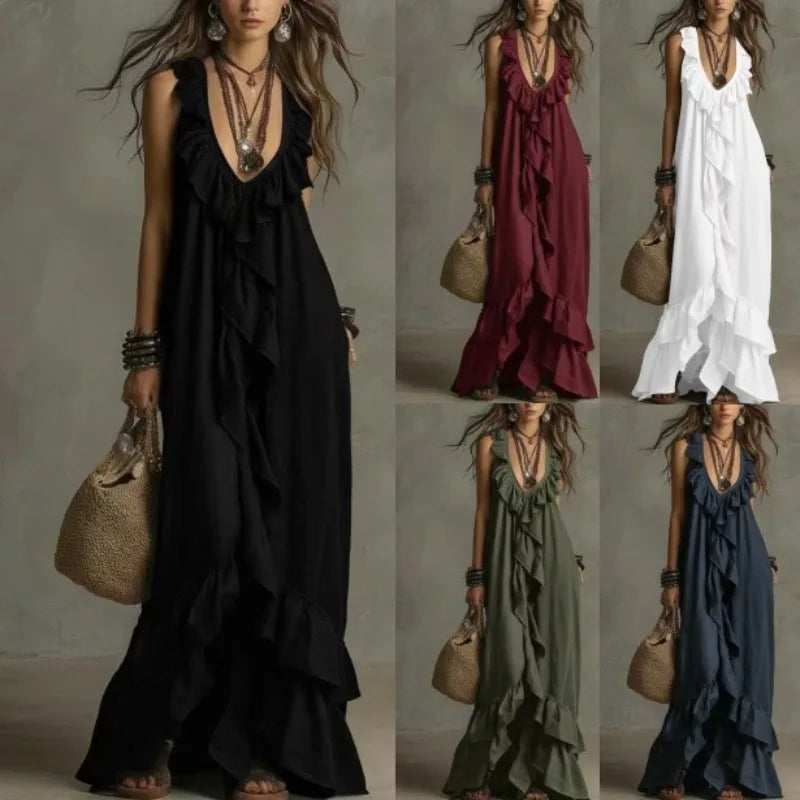 Boho Ruffled Maxi Dress Deep V Sleeveless Cascading Ruffle Loose Flowy Floor Length Beach Vacation Casual Long Dresses Cover Up