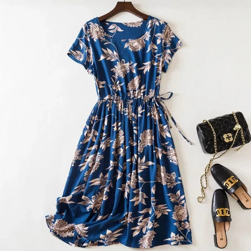 Cotton Silk Dress Women's Short Sleeved 2026 Summer New Ladies Slim Round Neck Temperament Beach Print Dresses
