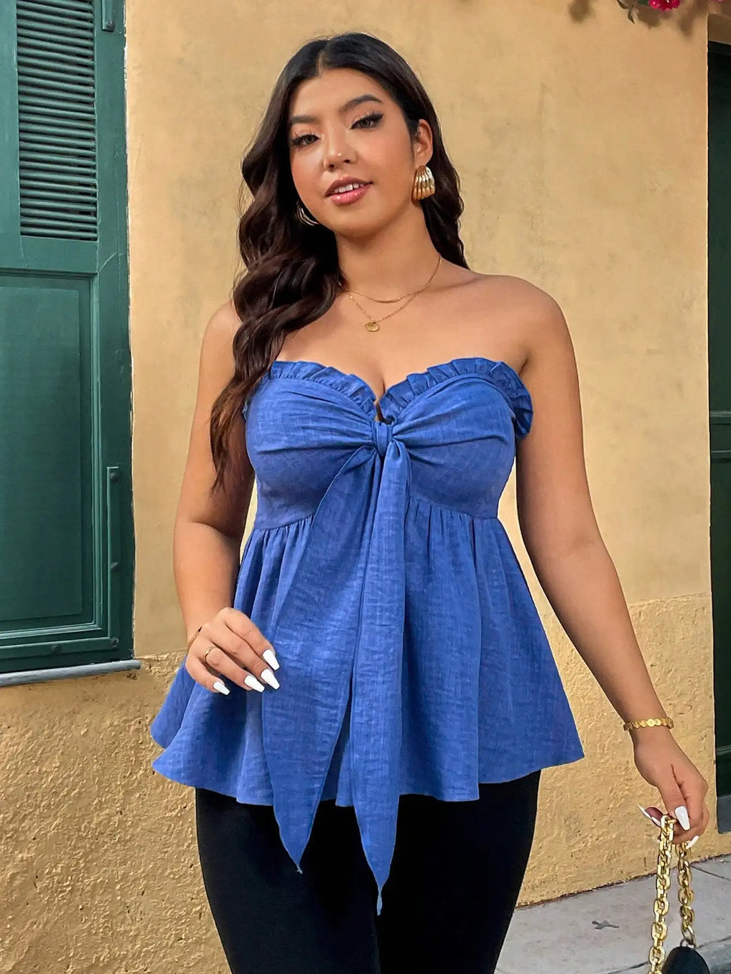 plus Size Women's Strapless Ruffle Hem Bow Tie Waist A-Line Top Elegant Casual plus Size Clothing for Women