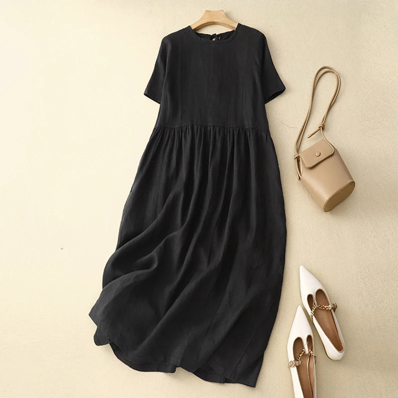 Korean Style Summer Fashion Solid Color Simple Basic Cotton Linen Dress for Women Good Quality Half Sleeve Elegant Frock Female