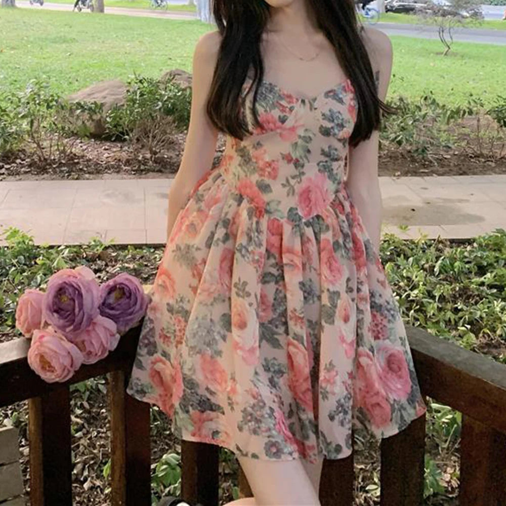 Women's Floral Print A-line Dress with Adjustable Straps and High Waist Design for Spring Summer Autumn Winter Wear