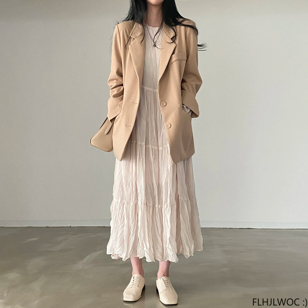Autumn Spring Wrinkle Loose Dresses New Hot Women Cute Japan Style Retro Vintage Girls Holiday Casual Solid Apricot White Dress