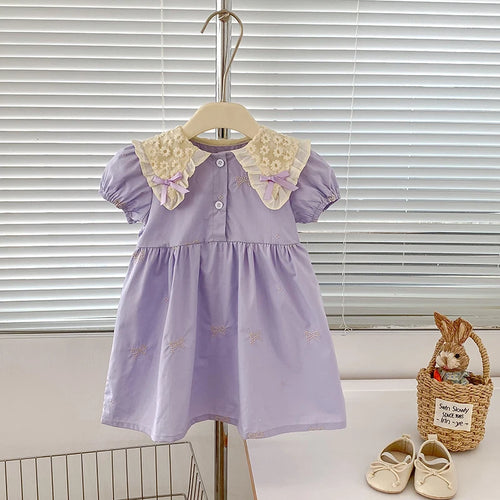 1-6Y Girls Bow Princess Dresses New Summer Baby Dress Puff Sleeve Embroidery Petal Collar Toddlers Kids Cotton Cute Party Dress