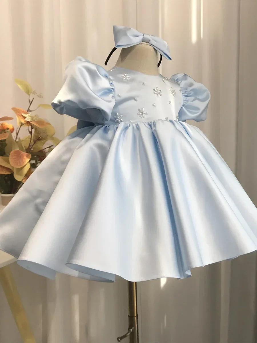 2026 Baby Girls Party Dress Blue Children Clothes Elegant Baptism Sleeves Plain Ball First Birthday Beading Puff Gowns