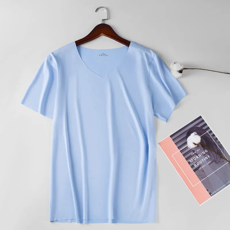 Men V Neck Ice Silk T Shirt Seamless Solid Color Slim Short Sleeve Summer Thin No Trace Invisible Bottoming Shirt Casual Daily