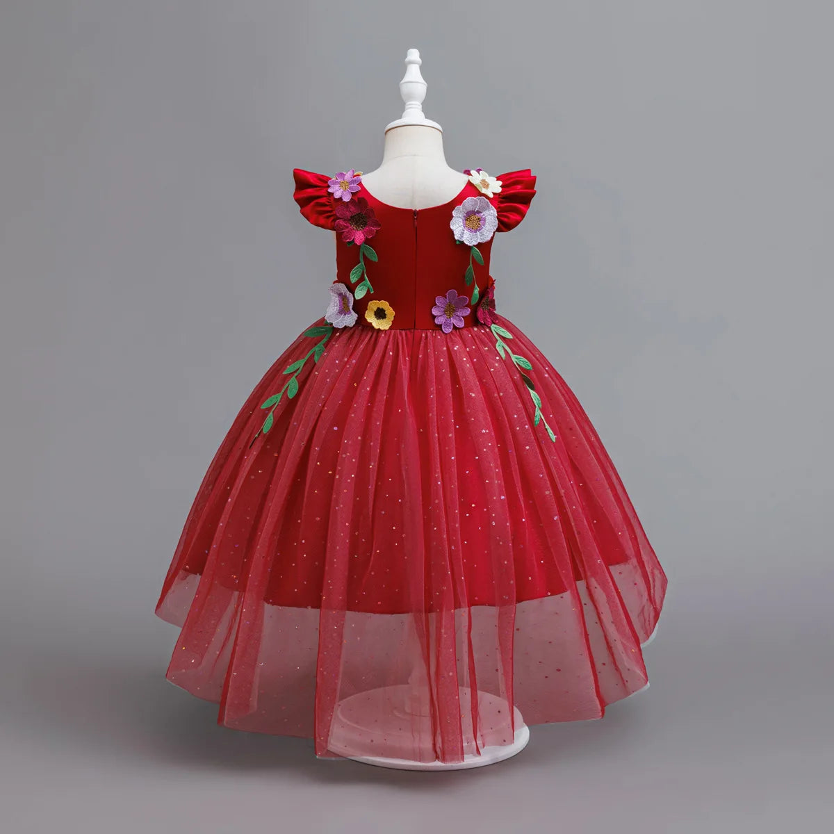 HETISO Princess Dress for Girls Red Christmas Lace Dots Embroidery 3D Flower Formal Party Birthday Gown Kids 2-10 Years