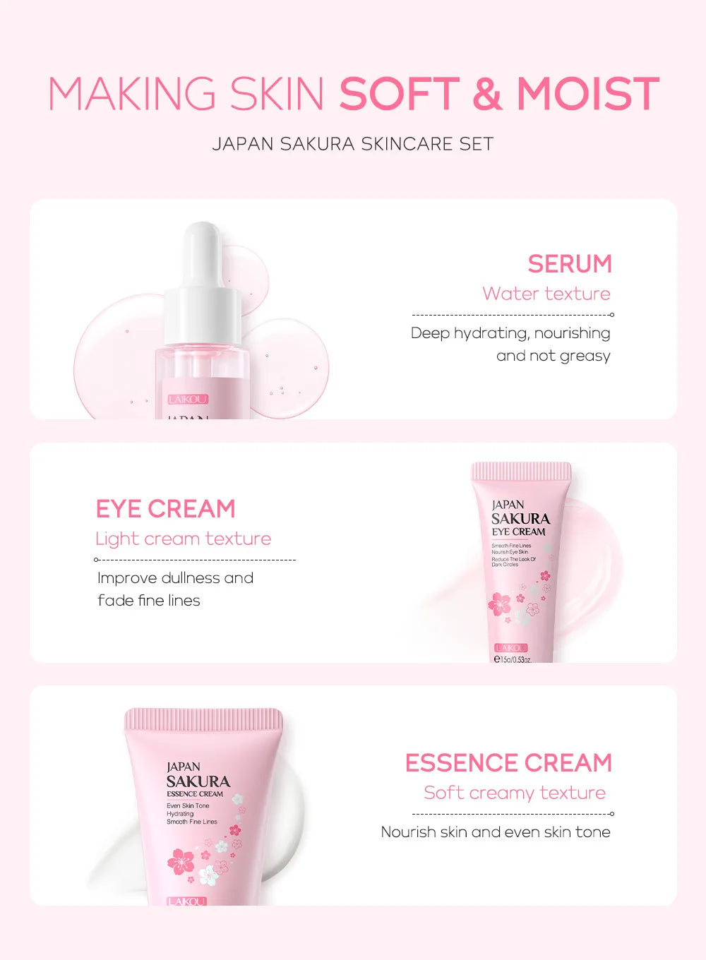 LAIKOU Vitamin C Skin Care Sets 3pcs Face Cream Serum Eye Cream Moisturizing Anti Wrinkles Facial Care Kit