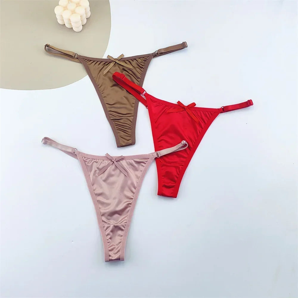 3PCS Adjustable Satin Thong Women Sexy G-string Underwear Low Waist T Back Peach Buttocks Tempting Sexy Bow Lingerie