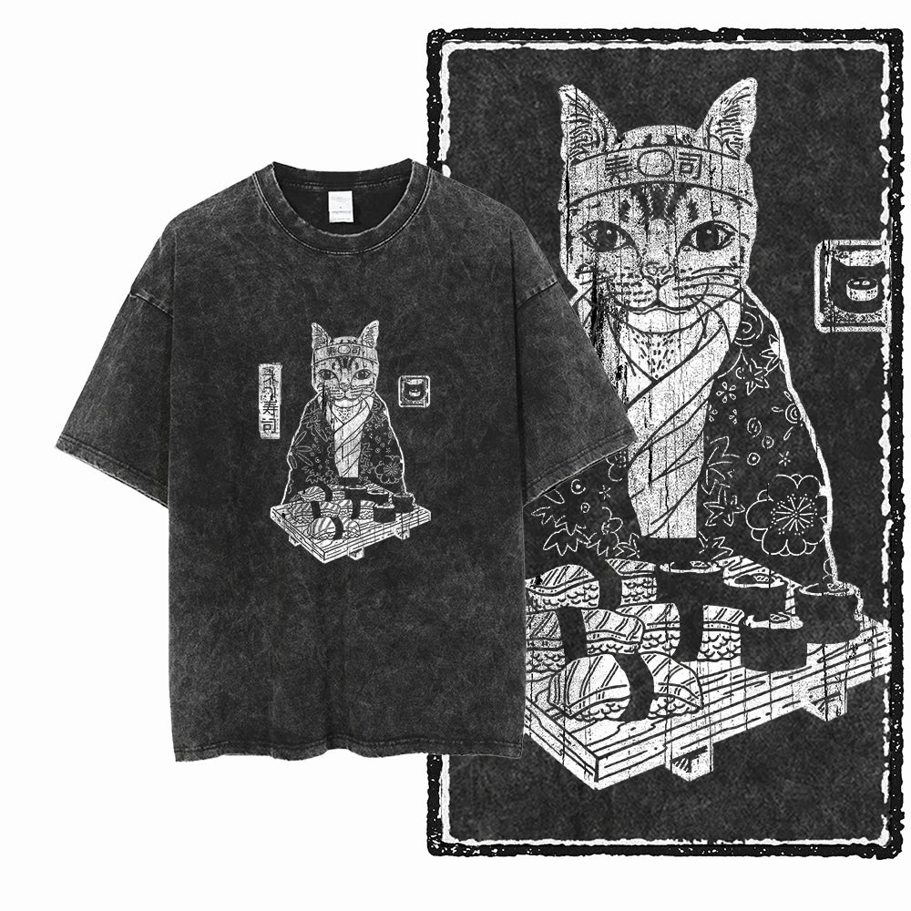 Coolmind Db Cat Printed Acid Washed Cotton T Shirt Unisex Exclusive Graphic Streetwear Tee For Men Big Size