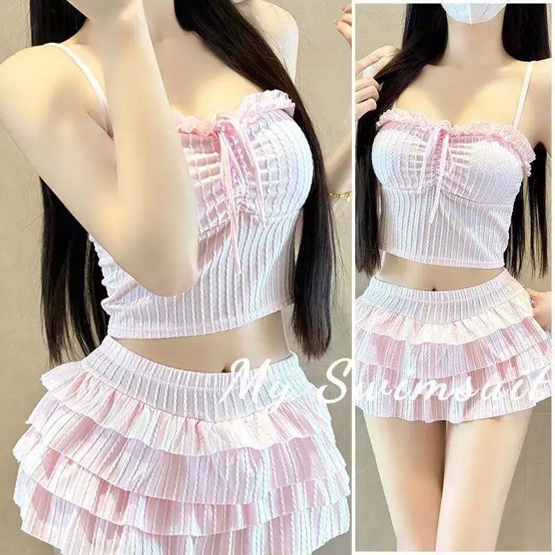Sweet Sister Two-Piece Swimsuit Female Cake Skirt Slimming Female Polyester Fabric with Chest Pad No Steel Support