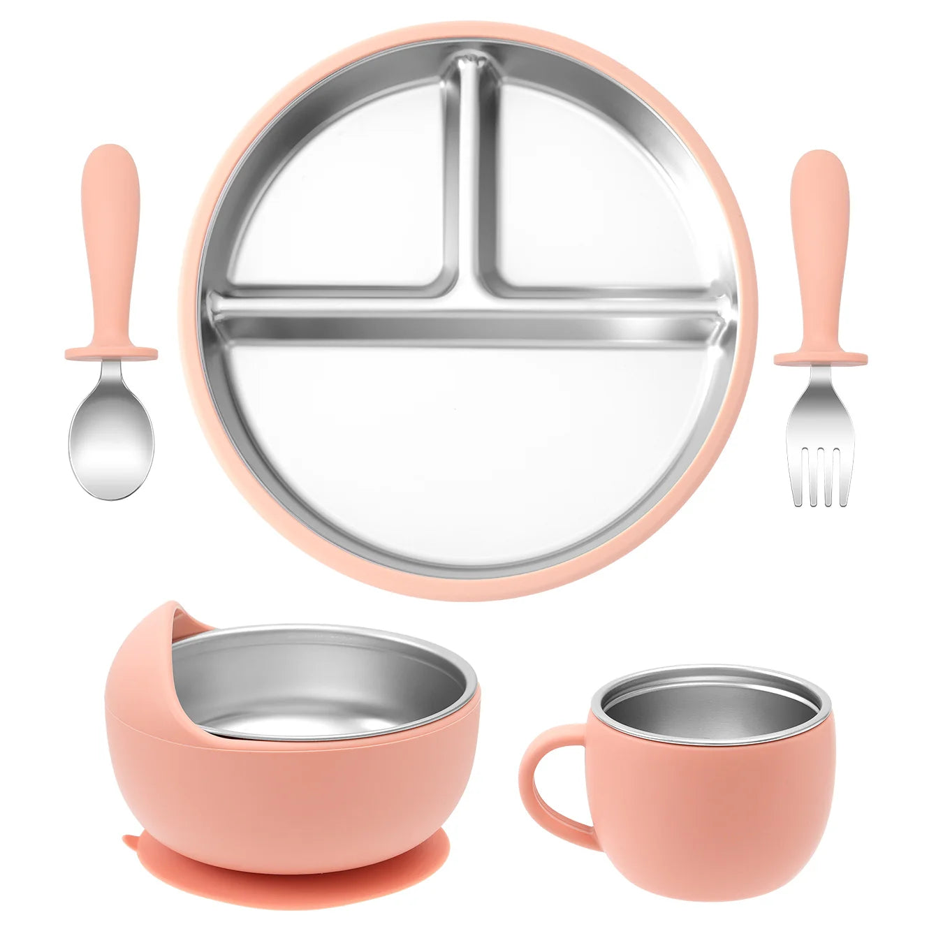 Color Kids Baby Feeding Set 5Pcs Stainless Steel Silicone Tableware For Infants Easy Grip Plates Bowls