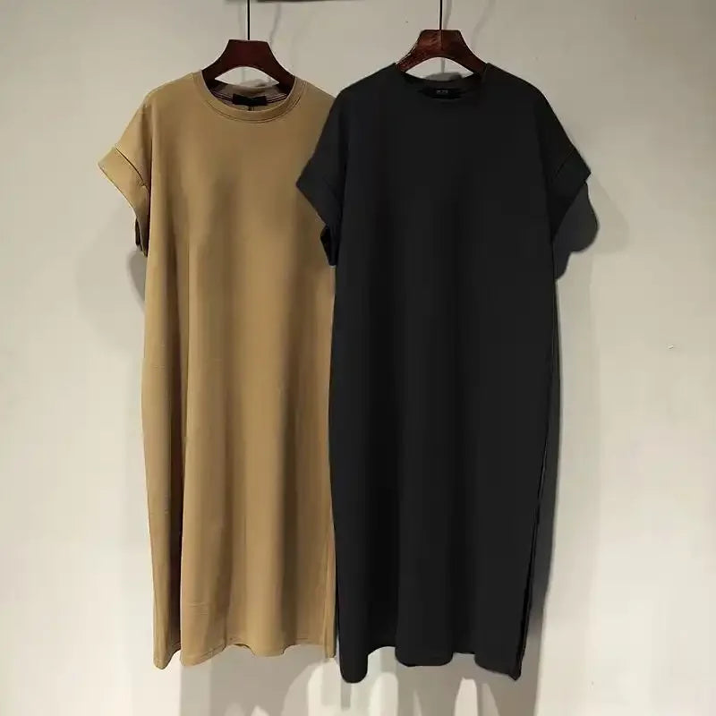 Women Cotton T-Shirt Dress Crew Neck Short Sleeve Loose Split Side Summer Casual Maxi Dress