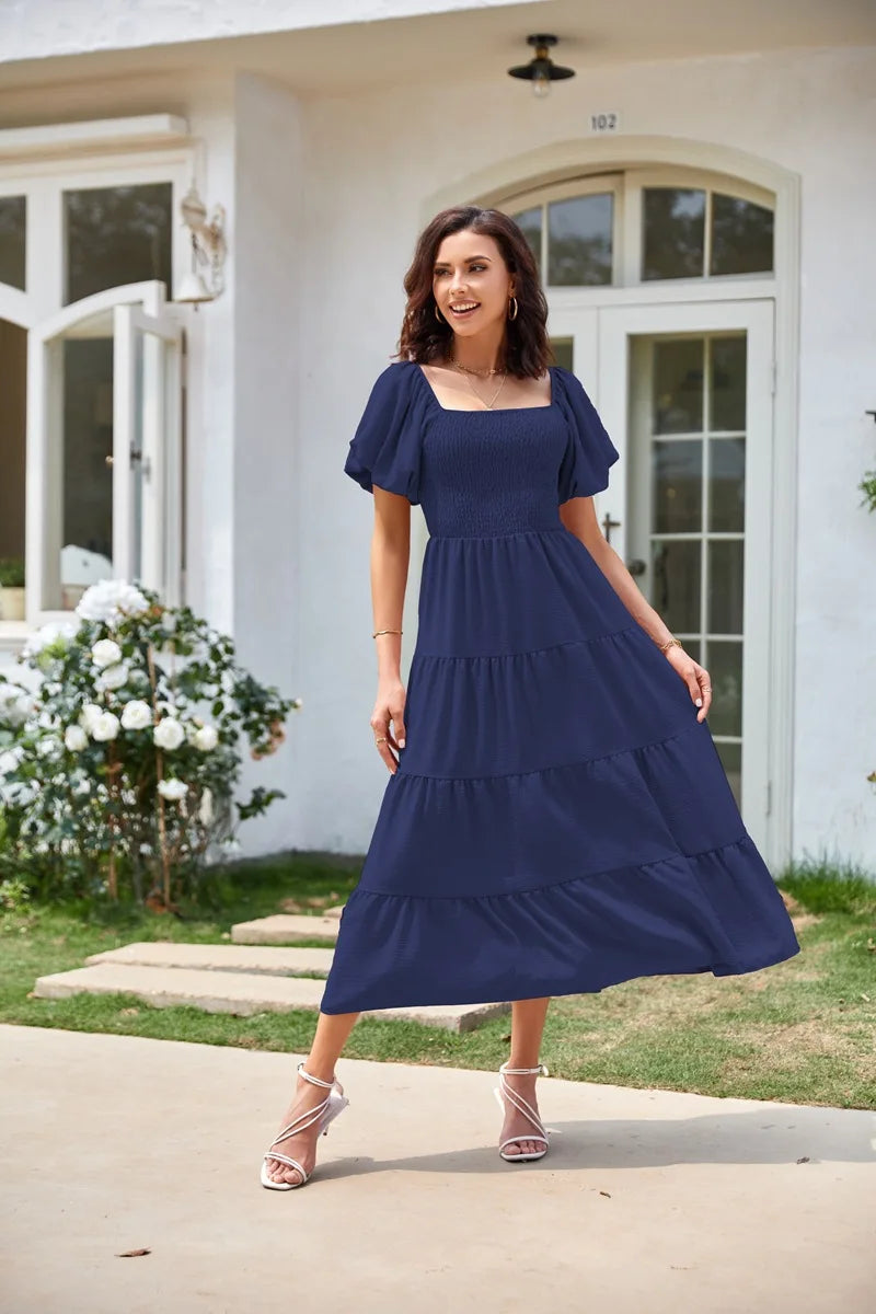 2026 Spring Summer Elegant Women's Long Dress Fashionable Solid Color Square Neck Puff Sleeve Pleated Slim Fit Loose Hem Dress