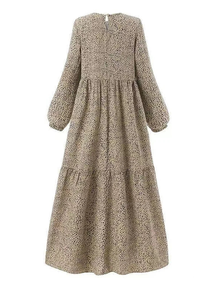New Fashion Polka Dot Long Sleeve Long Dress for Women Spring Summer O Neck Evening Party Dresses Loose Waist Lady's Dress Robe