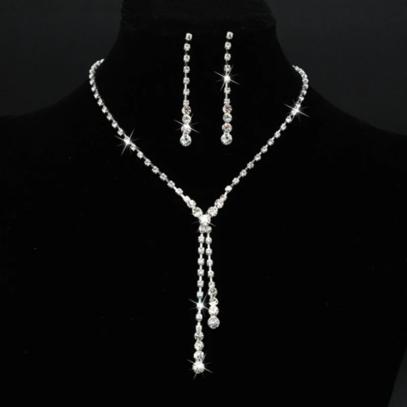 Women'S Fashion Necklace Earrings Set Rhinestone Wedding Accessories Bridal Lady Dangle Earring Pendant Elegant Jewellery Sets