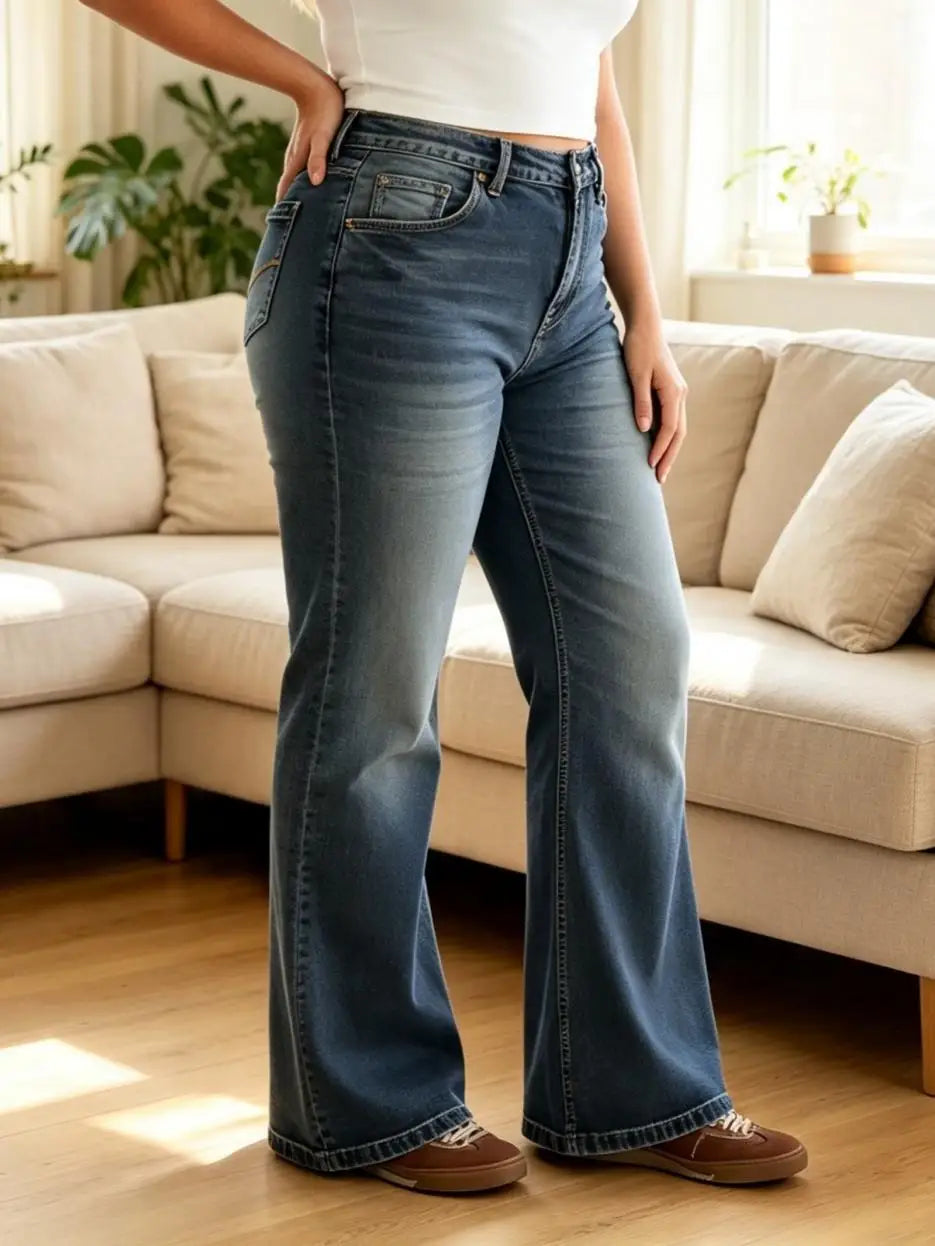 【HME】Jeans | Women Gradient Wash Denim Pants, Mid-High Waist Flare Bootcut Denim Jeans, Flap Back Pockets With Contrast Stitching, Vintage Retro Style Pants For Daily Casual & Commute Wear