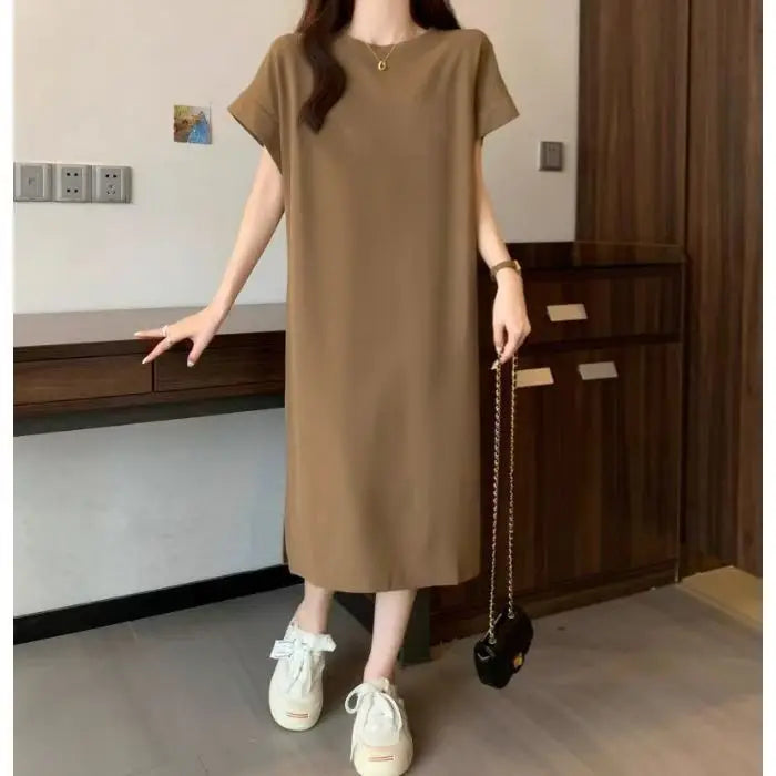 Women Cotton T-Shirt Dress Crew Neck Short Sleeve Loose Split Side Summer Casual Maxi Dress