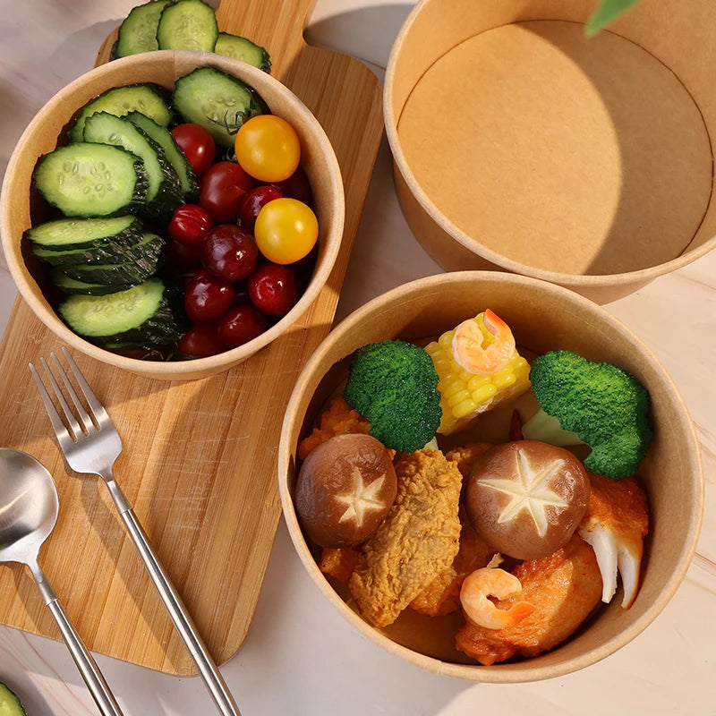 10/20PCS Kraft Paper Round Bowls Disposable Lunch Bento Bowls with Lids Meal Prep Salad Noodles Bowls Party Fries Fast Box
