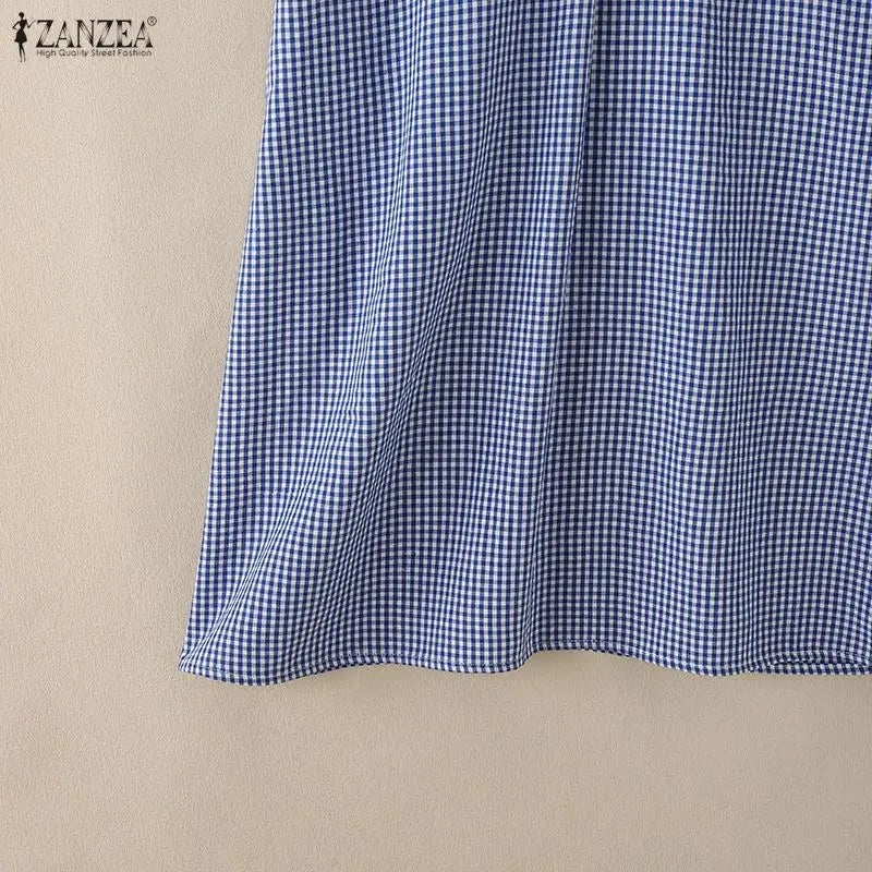ZANZEA Women's Casual Gingham Short Dresses Turn-Down Collar Half-Button Short Sleeve Knee-Length Dress Summer Robes Femme