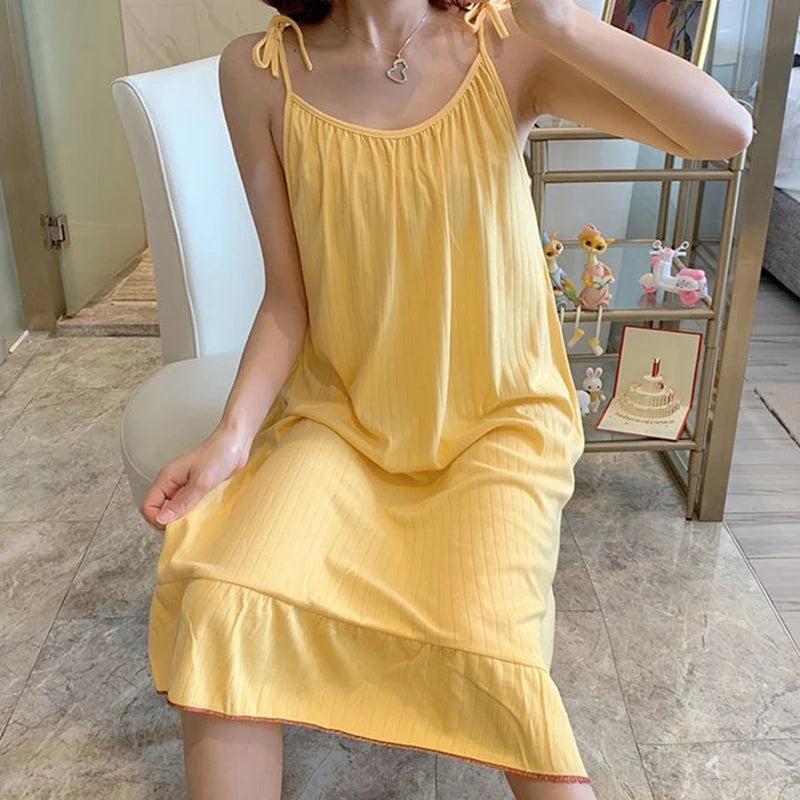 Korean Style Ladies Lovely Summer Sleeveless Strap Sleepwear Woman Night Dress Sleeping Nightgown Home Clothes