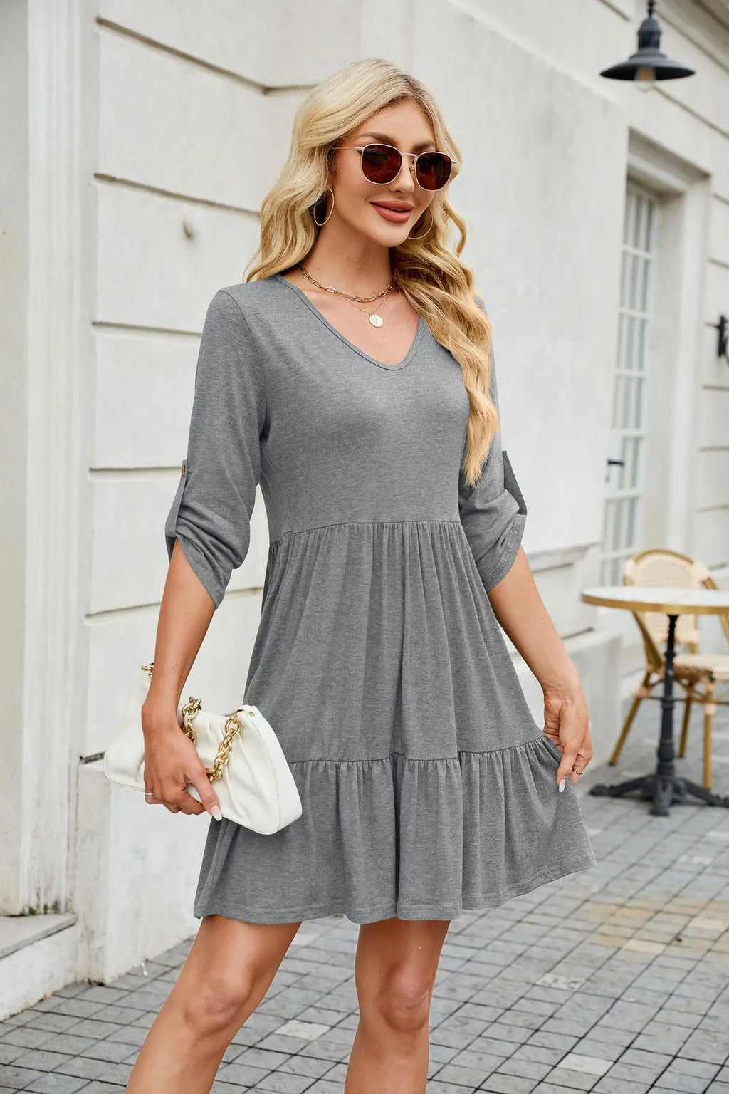 Women Spring Summer Loose 3/4 Sleeve V-Neck Ruched Ruffled Flowy Midi Dress EU US