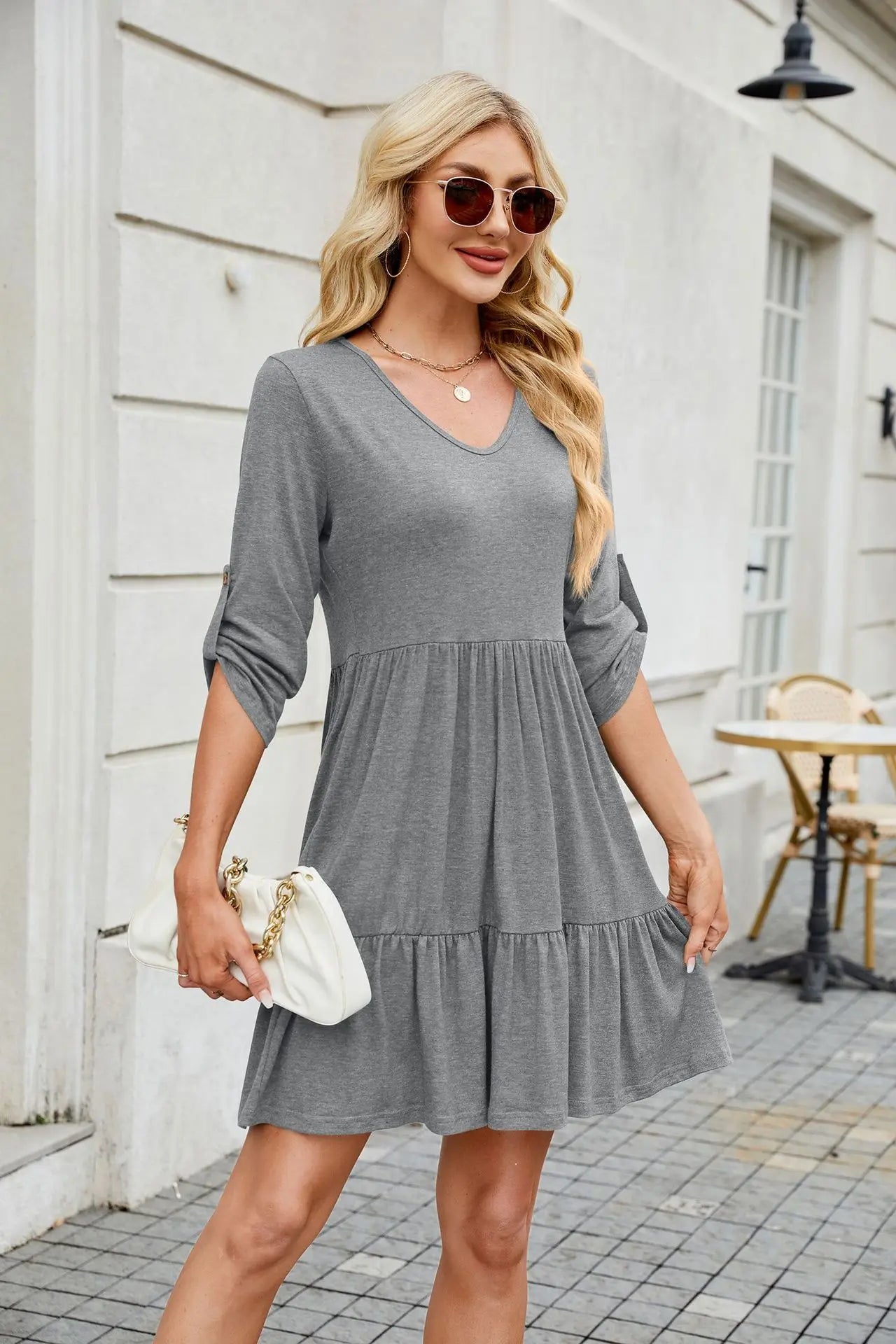 Women Spring Summer Loose 3/4 Sleeve V-Neck Ruched Ruffled Flowy Midi Dress EU US