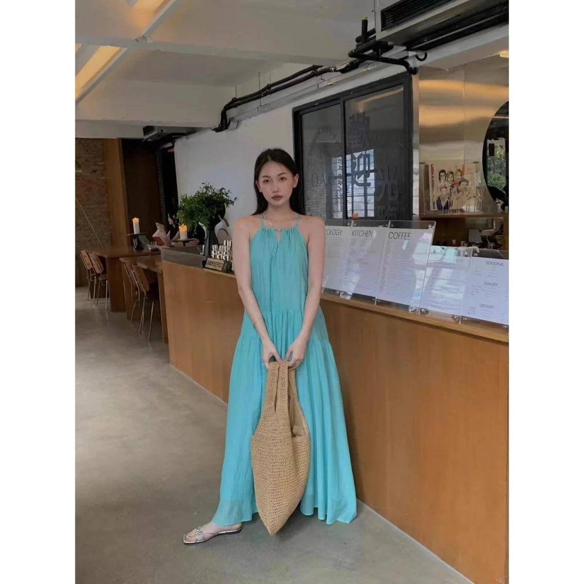Summer Hollow out Strap Dress Women's Beach Vacation Style Beach Skirt Pleated Lazy Loose Long Dress Loose Waist Design