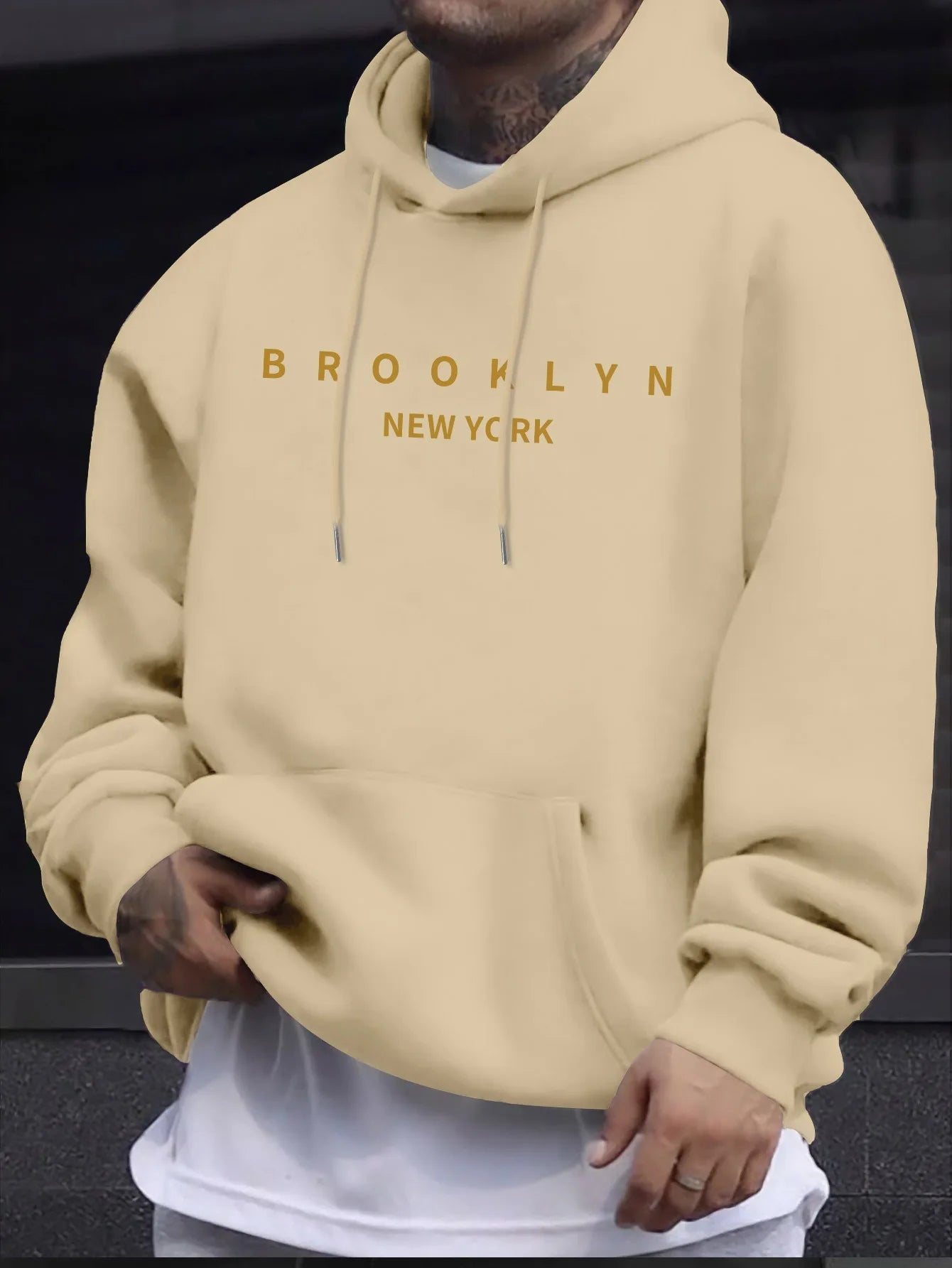 Men's autumn and winter casual fashionable loose brooklyn letter print long sleeved hooded warm sports pullover