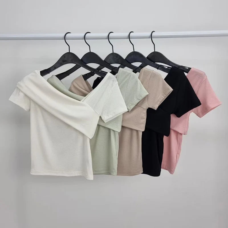 Slim Fit Short Sleeve T-Shirt Women's Summer Sexy Pure Desire Diagonal Collar Flip  Korean Style Commute Pure Color Top