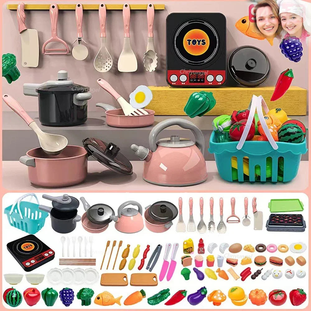 Juego de juguetes de cocina para niños de 92/69/59 piezas, kit de accesorios de cocina de juego con ollas de juego, comida de juguete de simulación, regalo para niñas y niños pequeños