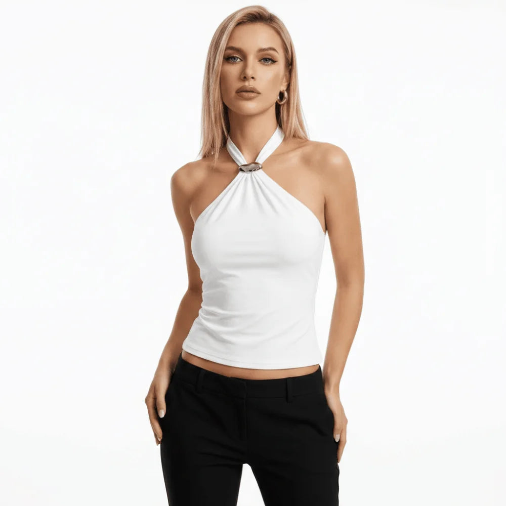 Sexy Versatile Halter Top Solid Color Camisole Style Lace Up Top Slim Fit Sleeveless Tank Top Women Summer Wear