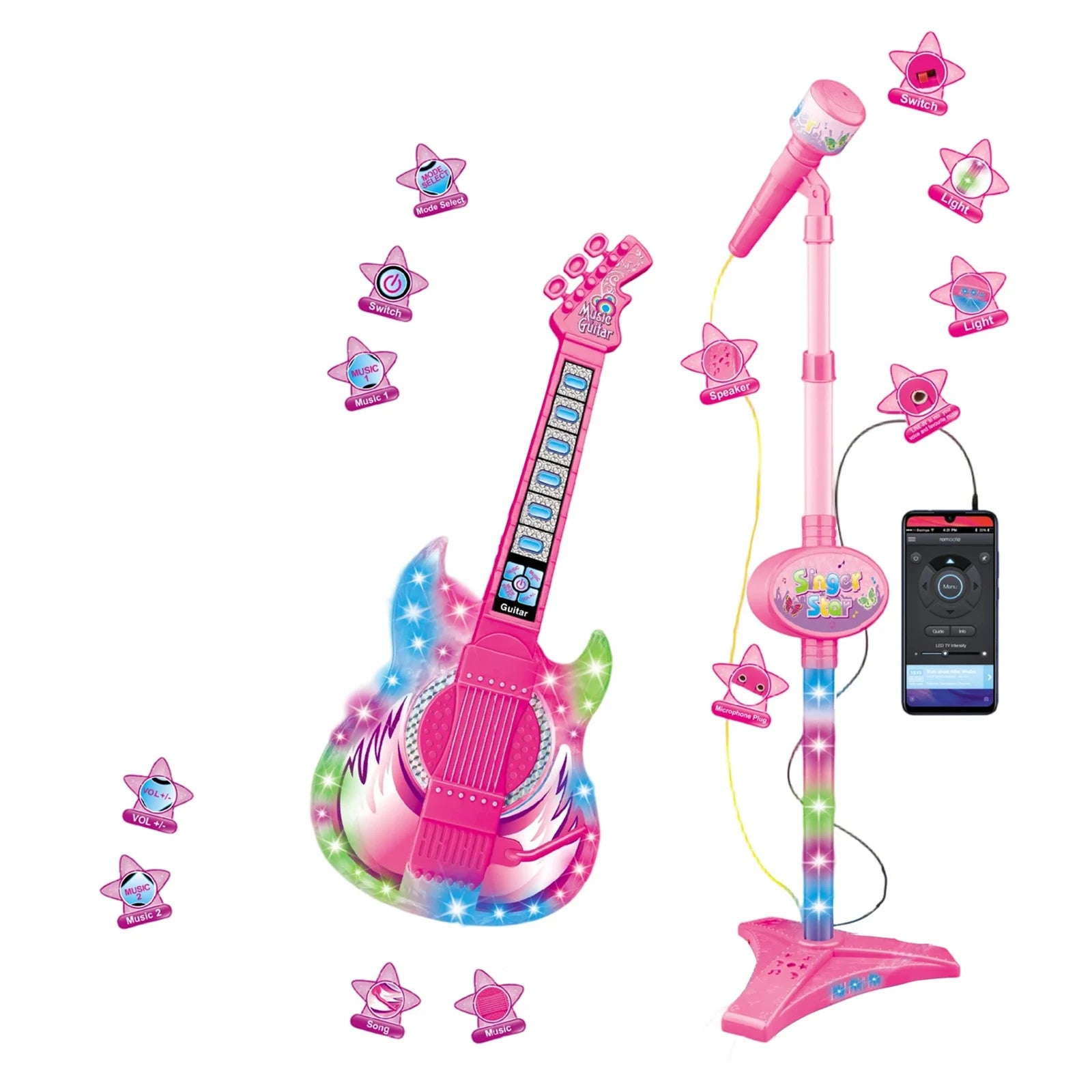 Karaoke Electronic Machine Children's Electric Light Multi-functional Guitar Instrument Set with Microphone Toys for Boys Girls