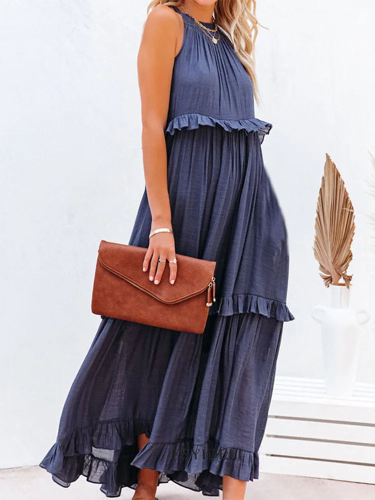 Women Halter Neck Maxi Dress Sleeveless Ruffle Tiered Loose Flowy Bohemian Beach Long Dress