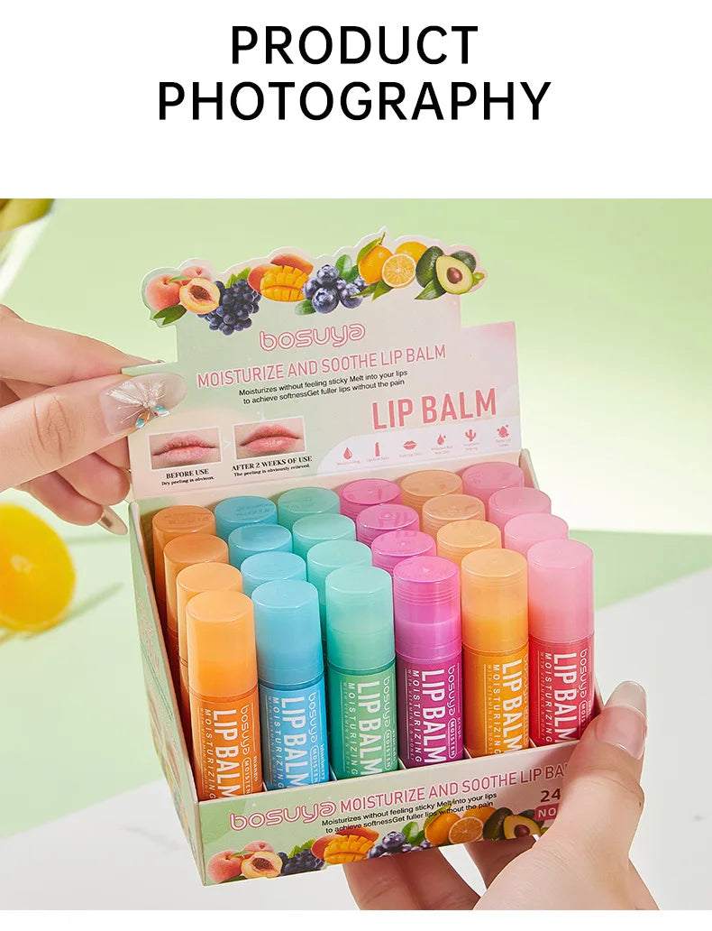 24Pcs Fruit Series Lip Balm Set Honey Grape Avocado Moisturizing Repair Anti-Cracked Non-sticky Lip Balm for Lips Skin Care