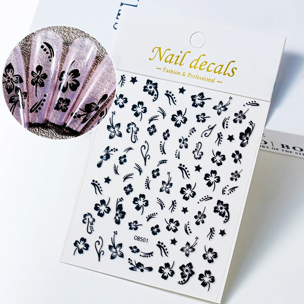 1 pieza 3D pegatinas de hibisco para uñas, flores blancas y negras, pétalos, calcomanías adhesivas, deslizadores florales rosas y dorados para decoración de uñas